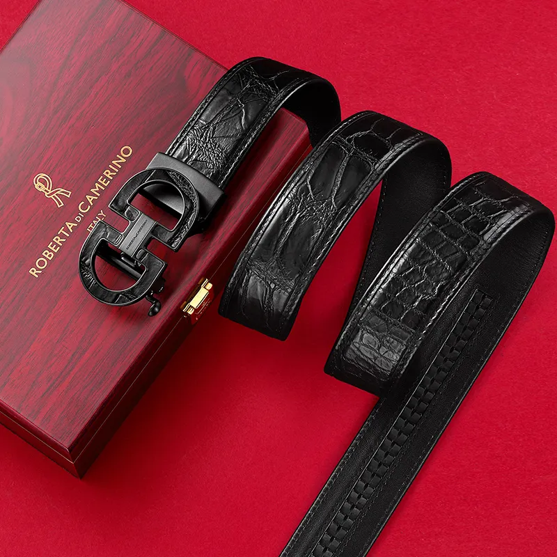 ROBERTA DI CAMERINO Crocodile Leather Belts Men's Black 3.45CM Writing A Greeting Card And Printing Photos-4