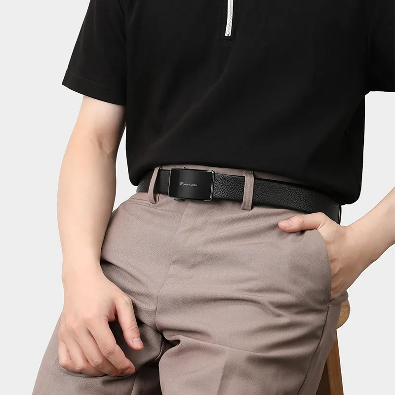 PIERRE CARDIN Mirror Finish Automatic Buckle Luxe Lite Top Grain Cow Leather Belts Men's 3.5cm-5
