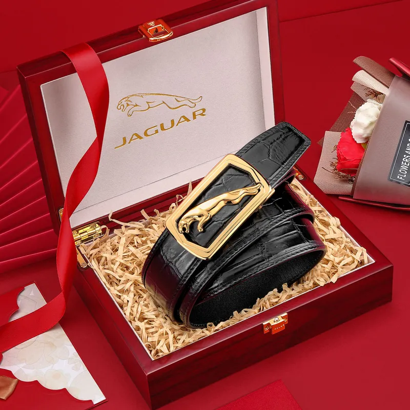 JAGUAR Crocodile Leather Belts Men's Black 3.40cm-7