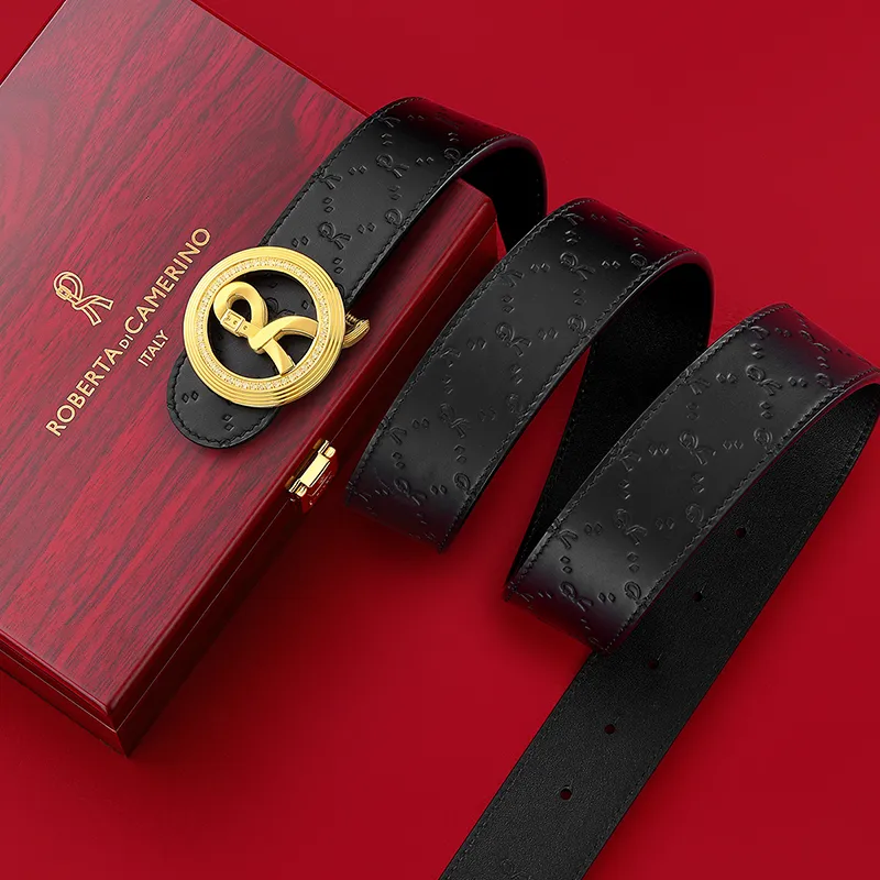ROBERTA DI CAMERINO Cow Leather Belts Men's Black 3.7CM Anniversary Gift Set-4
