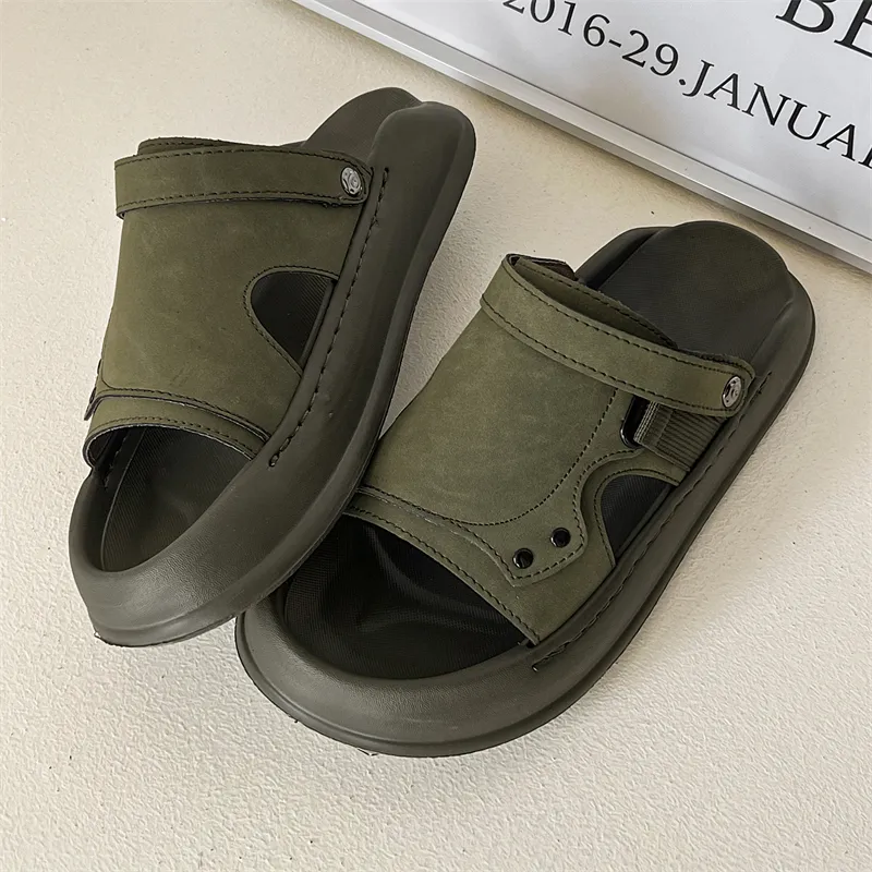 SOBB Beach Sandals Men Litchi Grain Black/Olive Green-10