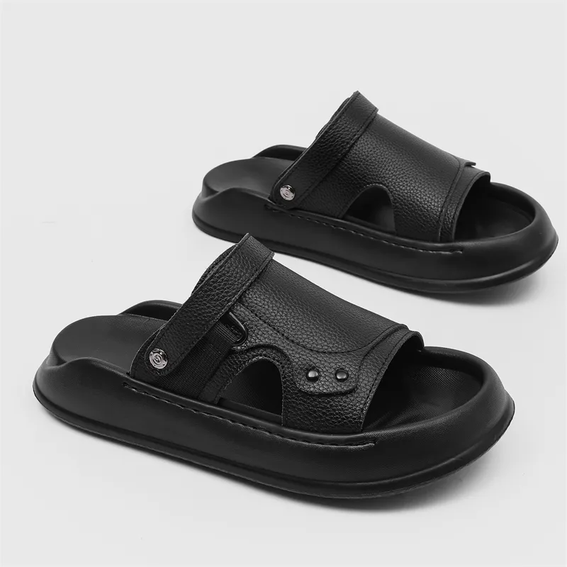 SOBB Beach Sandals Men Litchi Grain Black/Olive Green-5