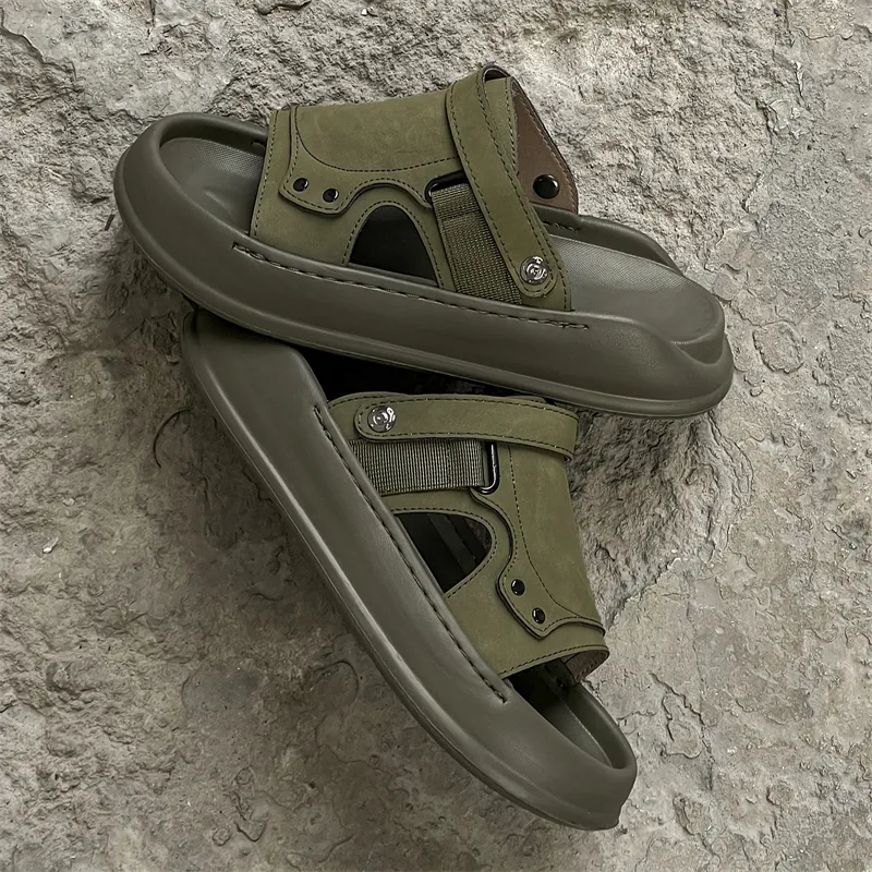 SOBB Beach Sandals Men Litchi Grain Black/Olive Green-11