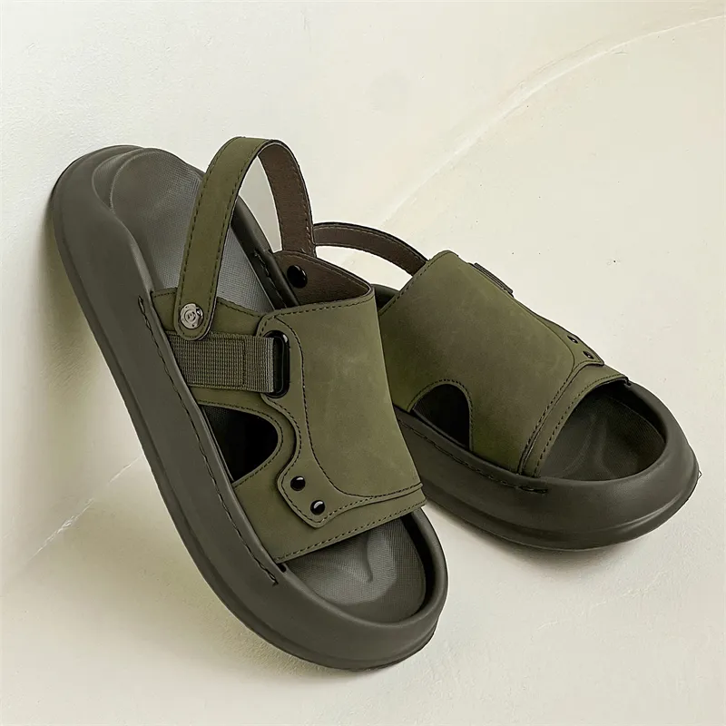 SOBB Beach Sandals Men Litchi Grain Black/Olive Green-9