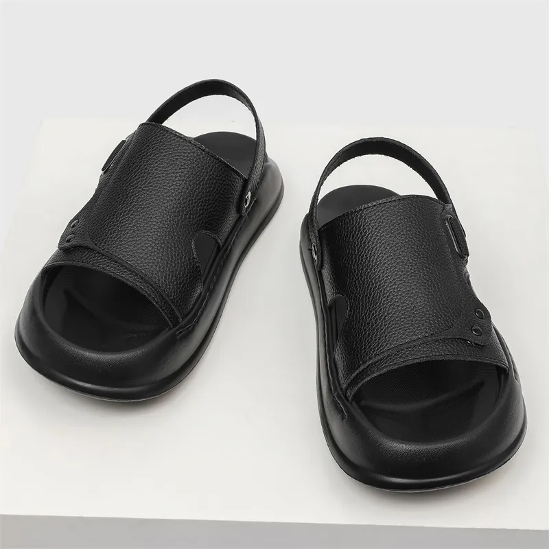 SOBB Beach Sandals Men Litchi Grain Black/Olive Green-4
