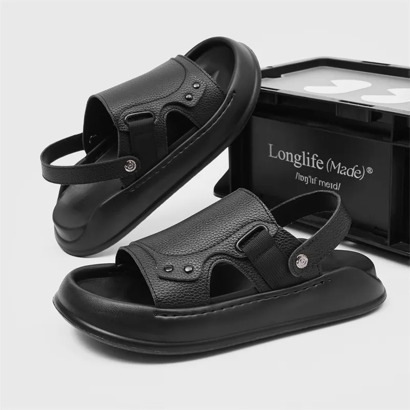 SOBB Beach Sandals Men Litchi Grain Black/Olive Green-3