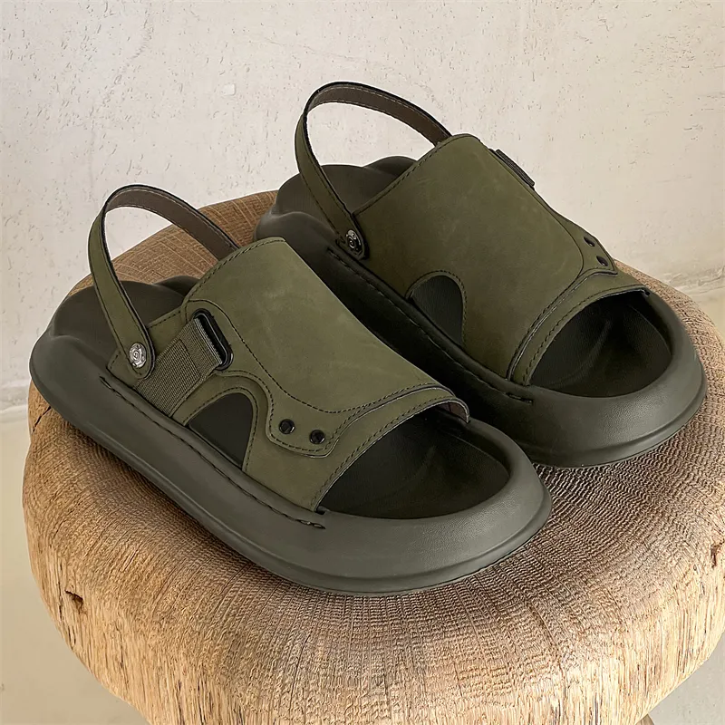 SOBB Beach Sandals Men Litchi Grain Black/Olive Green-7