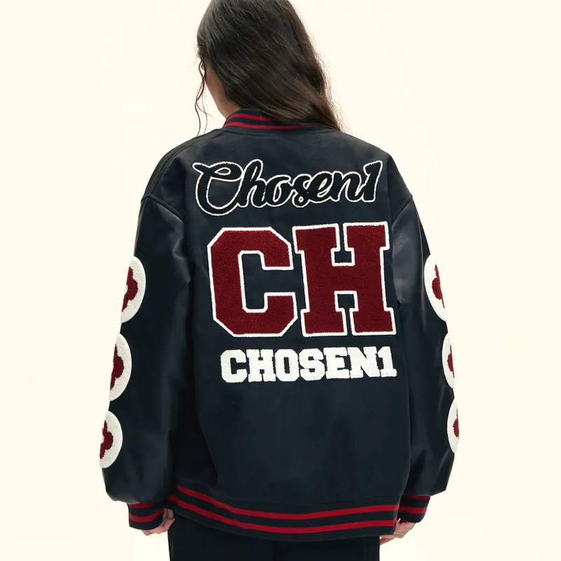 CHOSEN1 CH Small Flower Baseball Jacket Unisex Red Wine Color Scheme-5