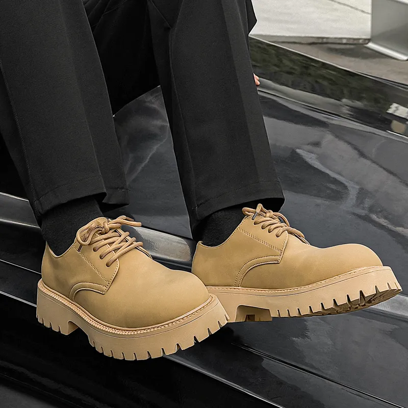 V05 Large Head Derby Shoes Unisex Platform Height Increasing British Style Yellow Lace-Up Casual Leather Shoes-5
