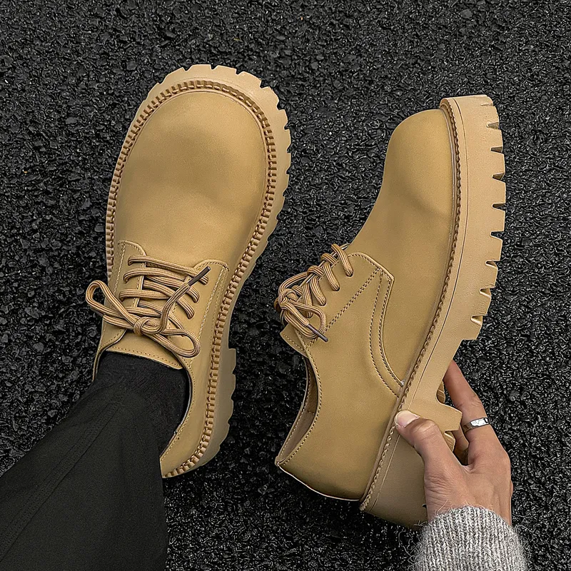 V05 Large Head Derby Shoes Unisex Platform Height Increasing British Style Yellow Lace-Up Casual Leather Shoes-4