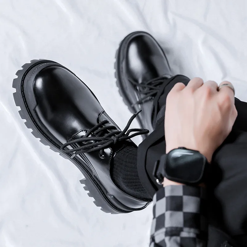 V05 Derby Shoes Men Black Platform Casual Shoes Height Increasing Lace Up Breathable Men's Shoes-2