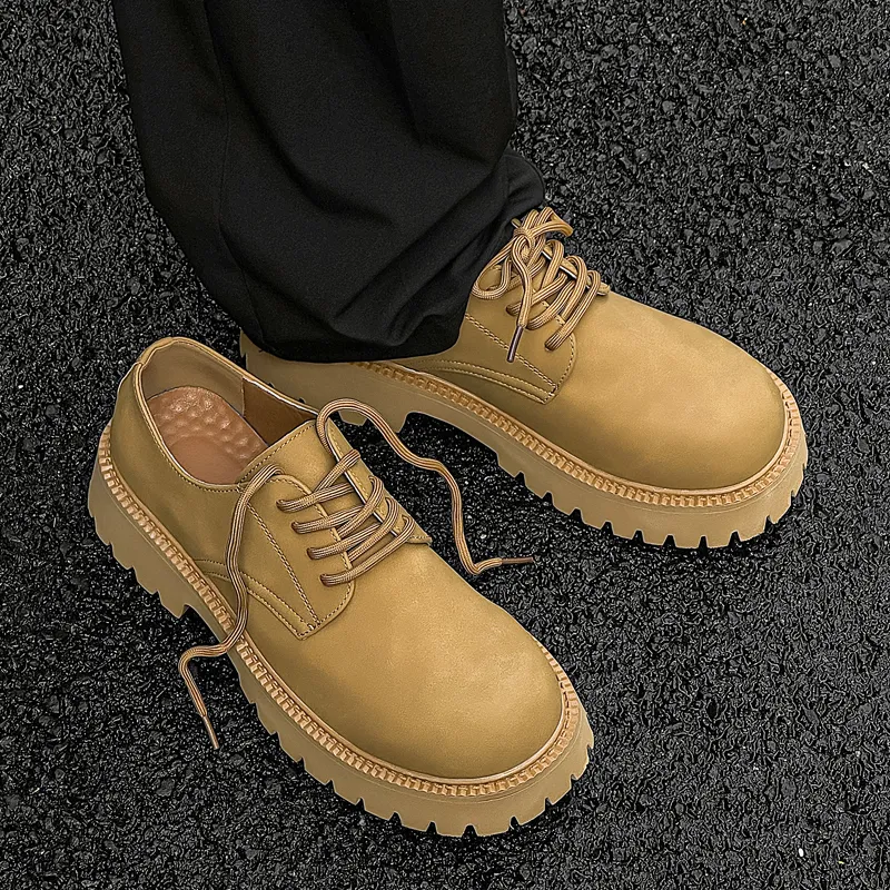 V05 Large Head Derby Shoes Unisex Platform Height Increasing British Style Yellow Lace-Up Casual Leather Shoes-3