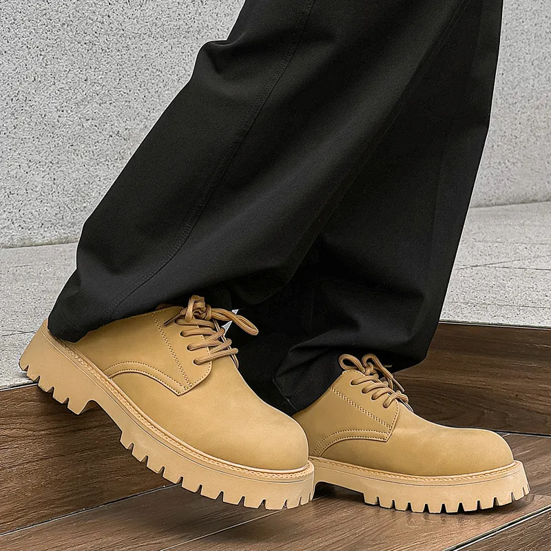 V05 Large Head Derby Shoes Unisex Platform Height Increasing British Style Yellow Lace-Up Casual Leather Shoes-6