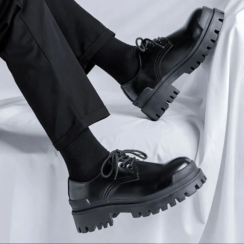 V05 Derby Shoes Men Black Platform Casual Shoes Height Increasing Lace Up Breathable Men's Shoes-5