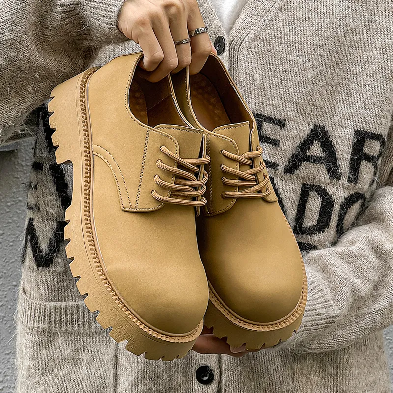 V05 Large Head Derby Shoes Unisex Platform Height Increasing British Style Yellow Lace-Up Casual Leather Shoes-2