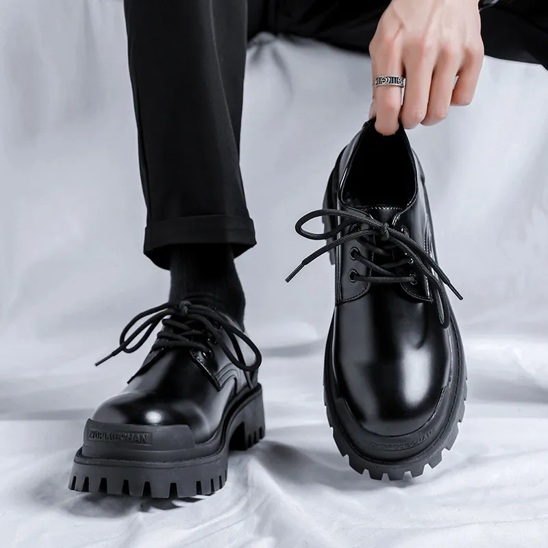 V05 Derby Shoes Men Black Platform Casual Shoes Height Increasing Lace Up Breathable Men's Shoes-4