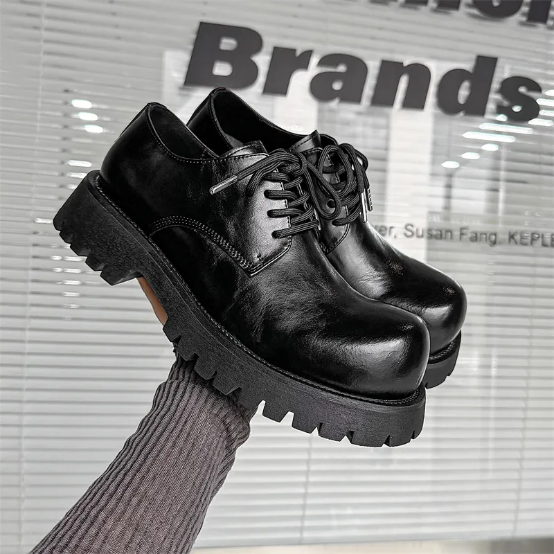 V05 Paris Derby Shoes Unisex British Style Comfortable Versatile Black Platform Height Increasing Big Head Shoes-6