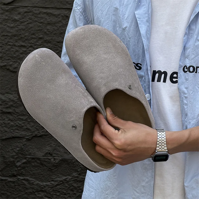 V05 Rubber Sole Stitching Leather Patchwork Slip Resistant Closed Toe Slippers Men's-25