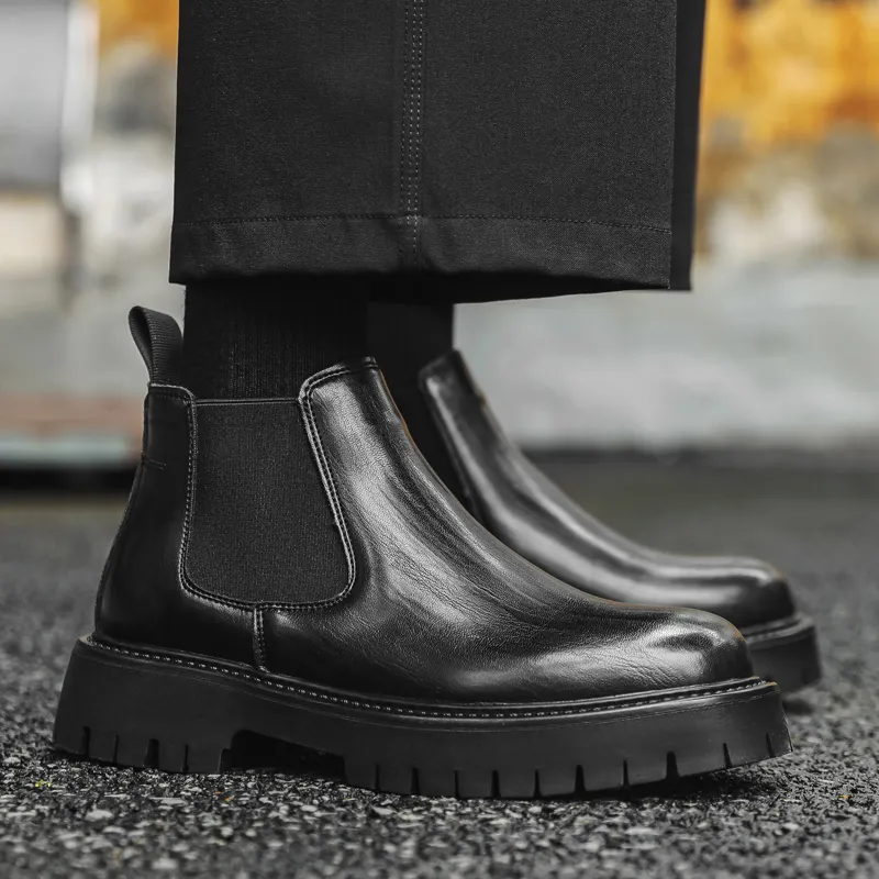 V05 Chelsea Boots Men's Ankle Boots Slip on Leather Boots Men's Platform Round Tip Western Big Toe Shoes-1