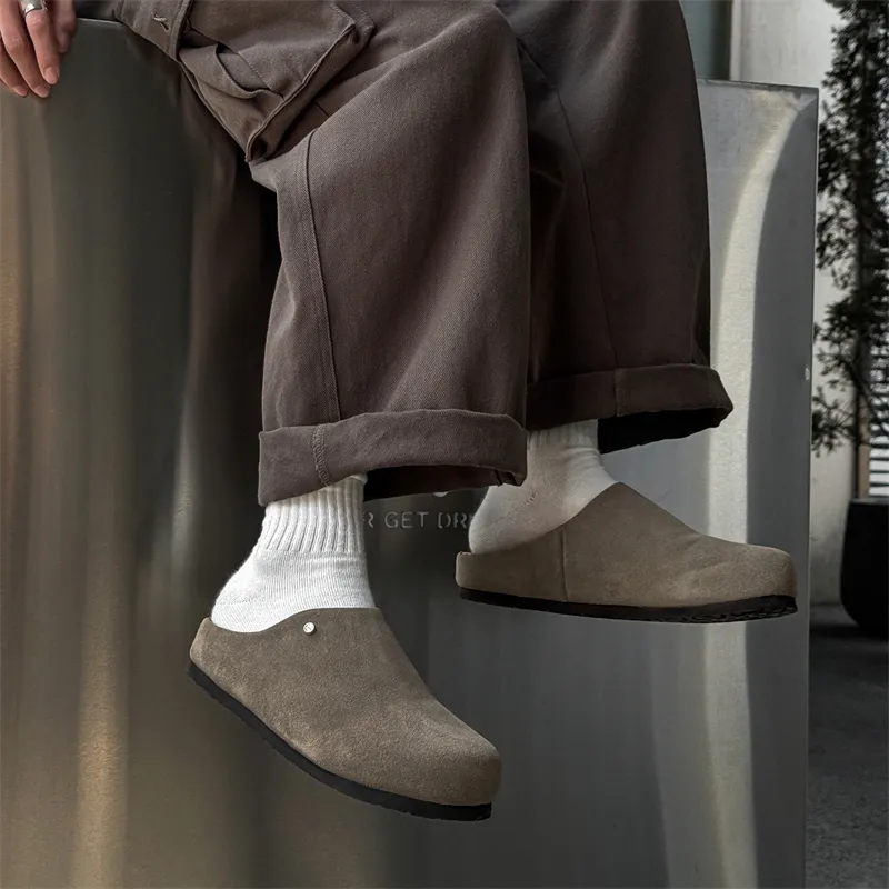 V05 Rubber Sole Stitching Leather Patchwork Slip Resistant Closed Toe Slippers Men's-6