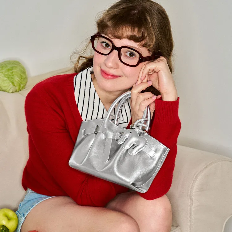 MUVA Cow Leather Dumpling Bag Handbags Medium Size Women's Lunar Rock Silver/Party Red/Cream Yellow-2
