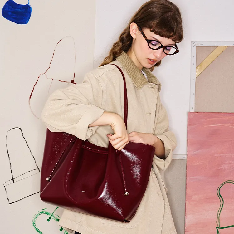 MUVA Polyester Tote Bag Shoulder Bag Large Size Women's Latte Brown/Cherry Red/Twilight Black-5