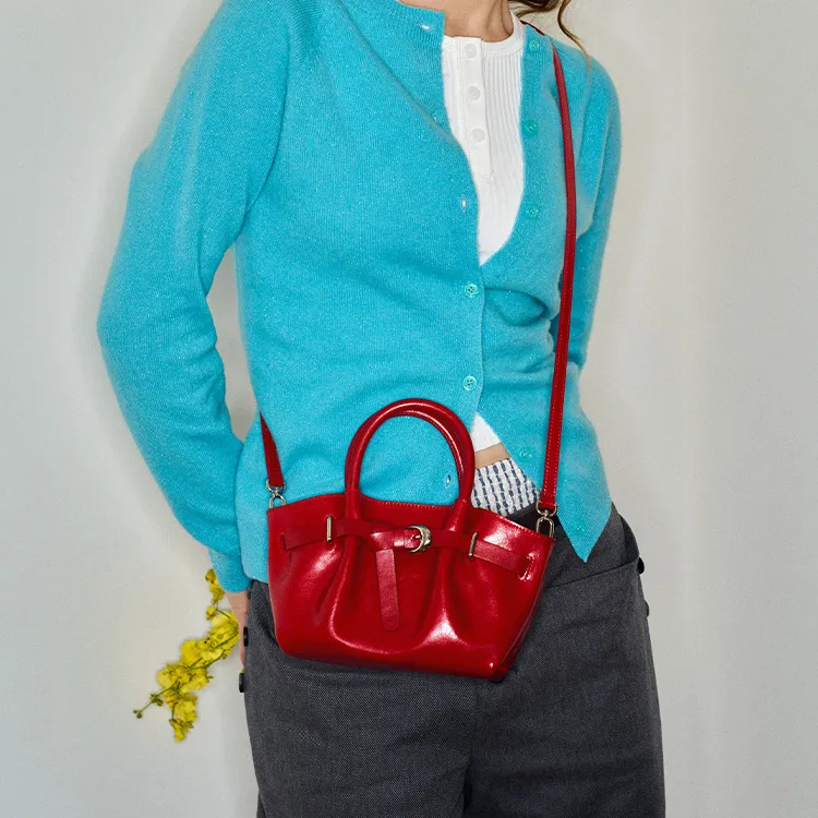 MUVA Cow Leather Dumpling Bag Handbags Medium Size Women's Lunar Rock Silver/Party Red/Cream Yellow-6