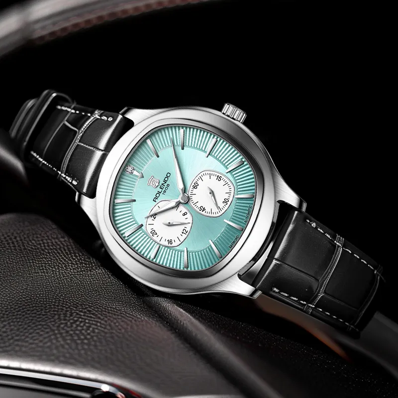 ROLENDO R Mechanical Movement Cowhide Strap Watch Men's Watches Blue Dial-2