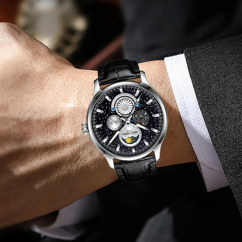 ROLENDO R Automatic Mechanical Movement Cow Leather Strap Watch Men's Watches Black Dial-5