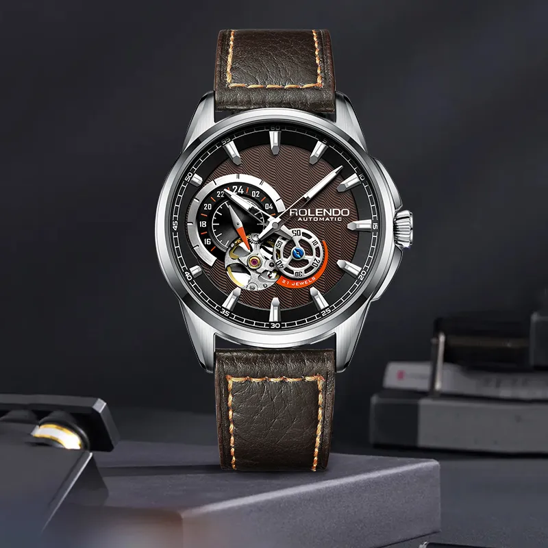 ROLENDO R Automatic Mechanical Movement Cowhide Strap Watch Men's Watches Coffee Watch Dial-6