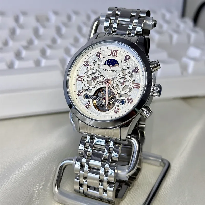 ROLENDO R Automatic Mechanical Movement Stainless Steel Watchband Watch Men's Watches White Dial-6
