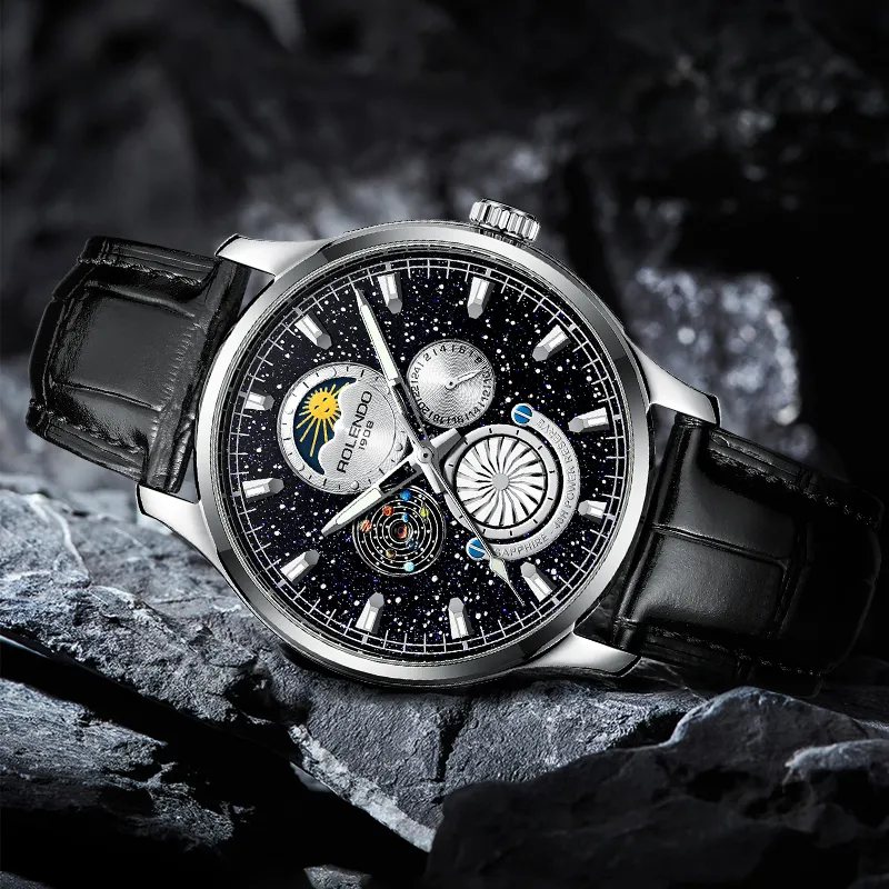 ROLENDO R Automatic Mechanical Movement Cow Leather Strap Watch Men's Watches Black Dial-8