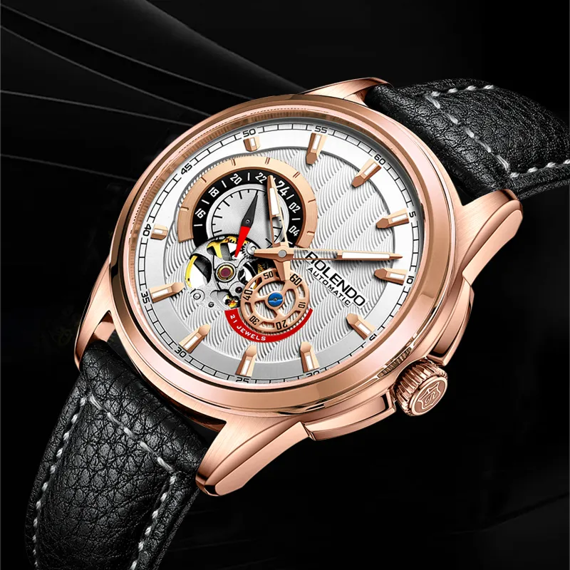 ROLENDO R Automatic Mechanical Movement Cowhide Strap Watch Men's Watches Coffee Watch Dial-11