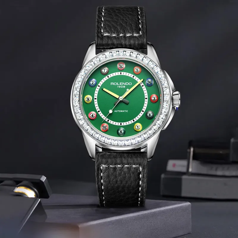 ROLENDO R Pool Table Master Collection Automatic Mechanical Movement Cowhide Strap Watch Men's Watches Green Dial-3
