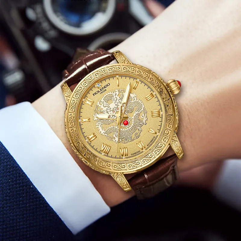 ROLENDO R Automatic Mechanical Movement Cowhide Strap Watch Men's Watches Gold Dial-4