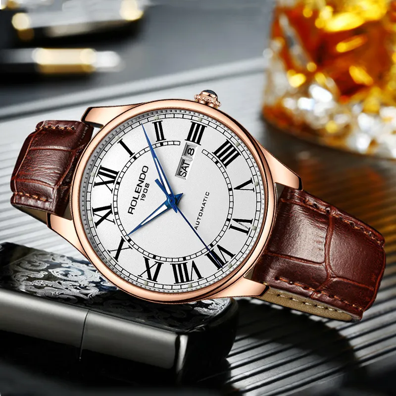 ROLENDO R Automatic Mechanical Movement Cowhide Strap Watch Men's Watches White Dial-1