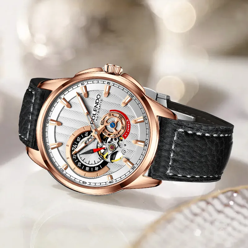 ROLENDO R Automatic Mechanical Movement Cowhide Strap Watch Men's Watches Coffee Watch Dial-10