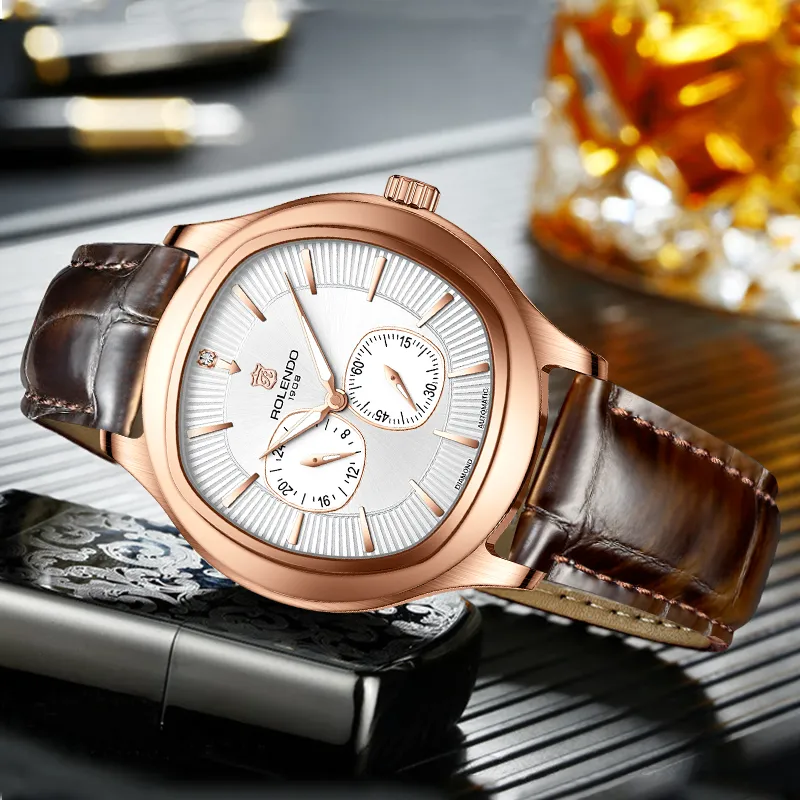 ROLENDO R Mechanical Movement Cowhide Strap Watch Men's Watches Blue Dial-7