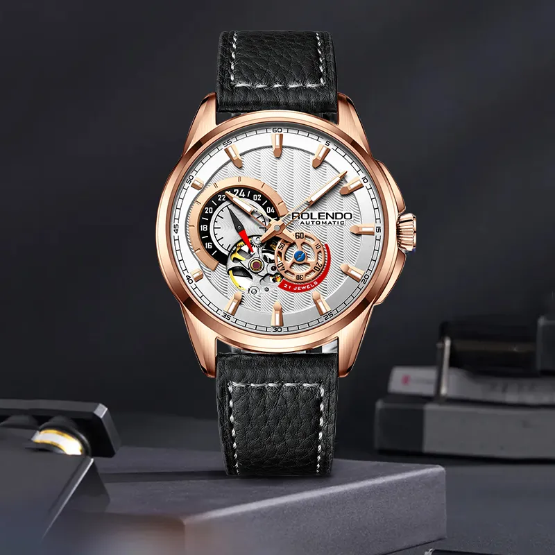 ROLENDO R Automatic Mechanical Movement Cowhide Strap Watch Men's Watches Coffee Watch Dial-8