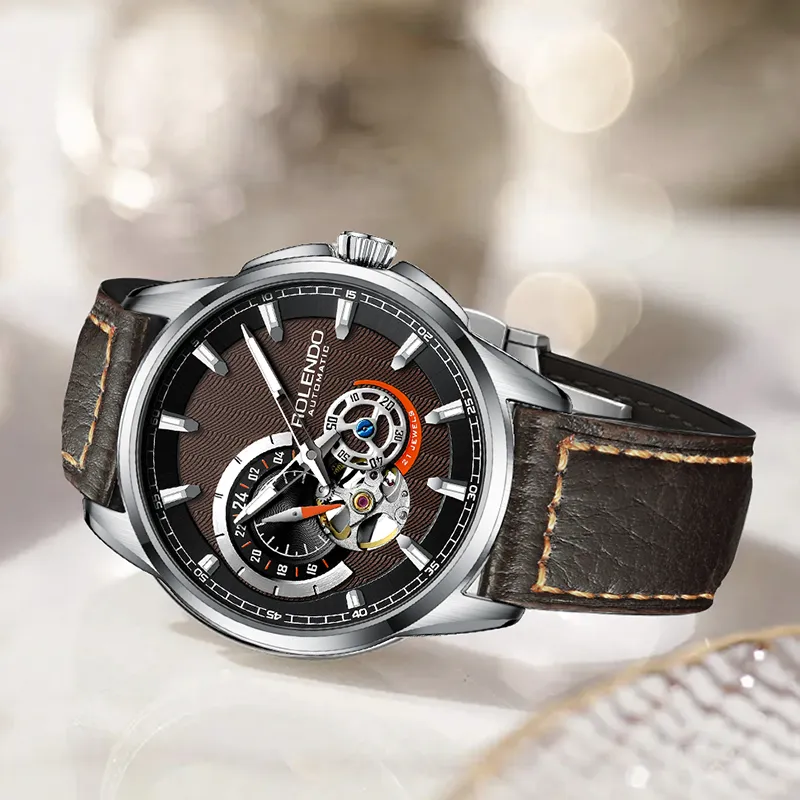 ROLENDO R Automatic Mechanical Movement Cowhide Strap Watch Men's Watches Coffee Watch Dial-5