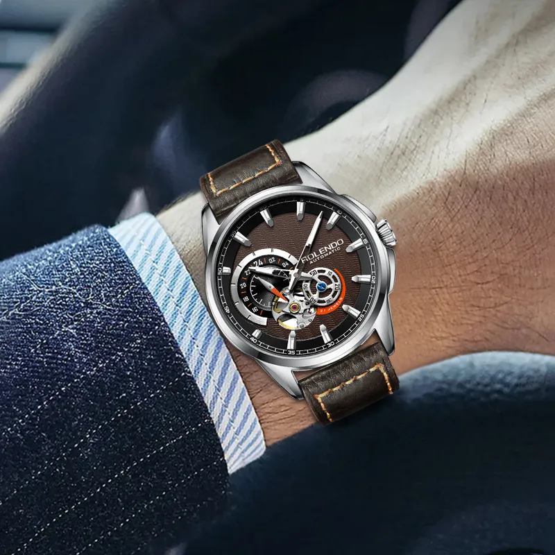 ROLENDO R Automatic Mechanical Movement Cowhide Strap Watch Men's Watches Coffee Watch Dial-3