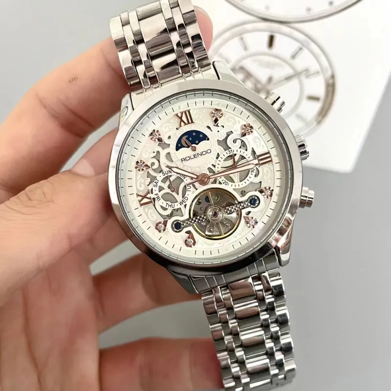 ROLENDO R Automatic Mechanical Movement Stainless Steel Watchband Watch Men's Watches White Dial-5