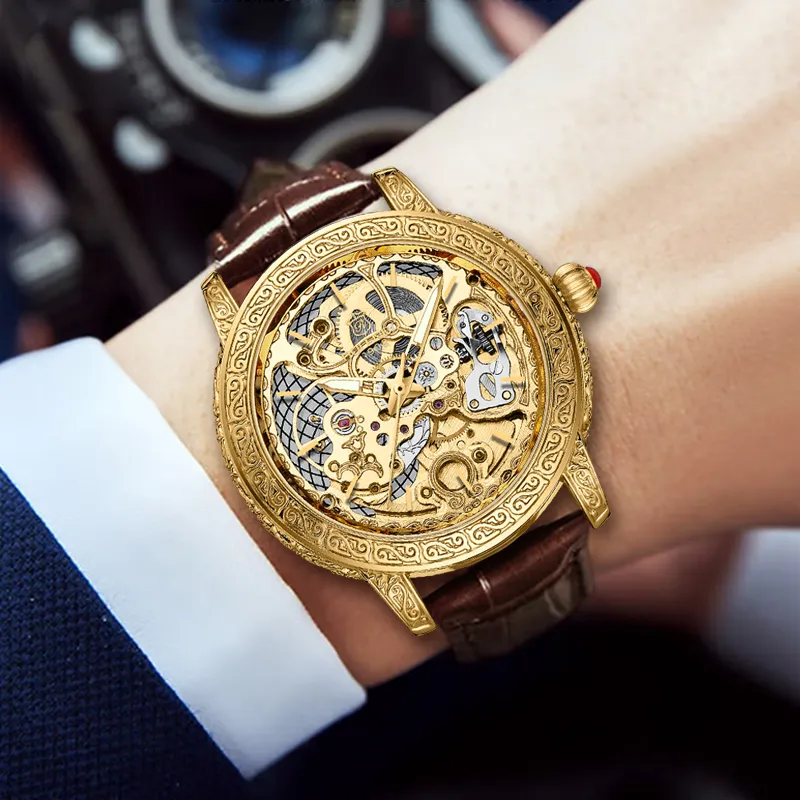ROLENDO R Automatic Mechanical Movement Cowhide Strap Watch Men's Watches Gold Dial-5
