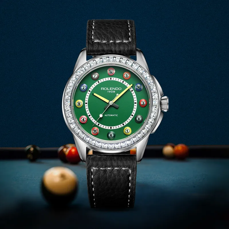 ROLENDO R Pool Table Master Collection Automatic Mechanical Movement Cowhide Strap Watch Men's Watches Green Dial-5