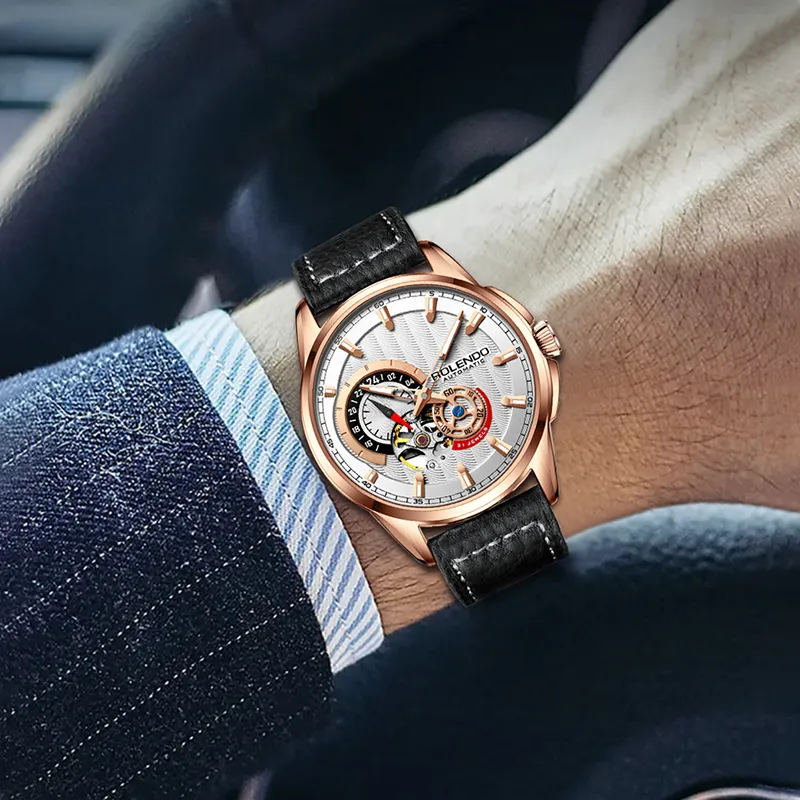 ROLENDO R Automatic Mechanical Movement Cowhide Strap Watch Men's Watches Coffee Watch Dial-9