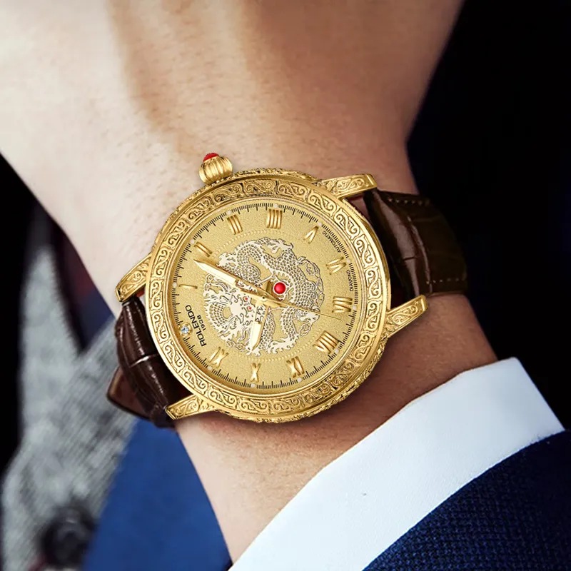 ROLENDO R Automatic Mechanical Movement Cowhide Strap Watch Men's Watches Gold Dial-1