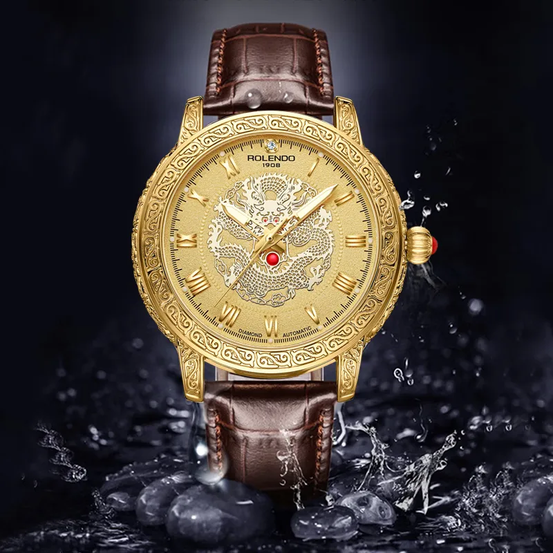 ROLENDO R Automatic Mechanical Movement Cowhide Strap Watch Men's Watches Gold Dial-3