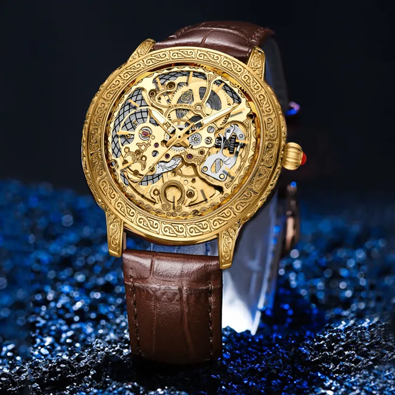 ROLENDO R Automatic Mechanical Movement Cowhide Strap Watch Men's Watches Gold Dial-4