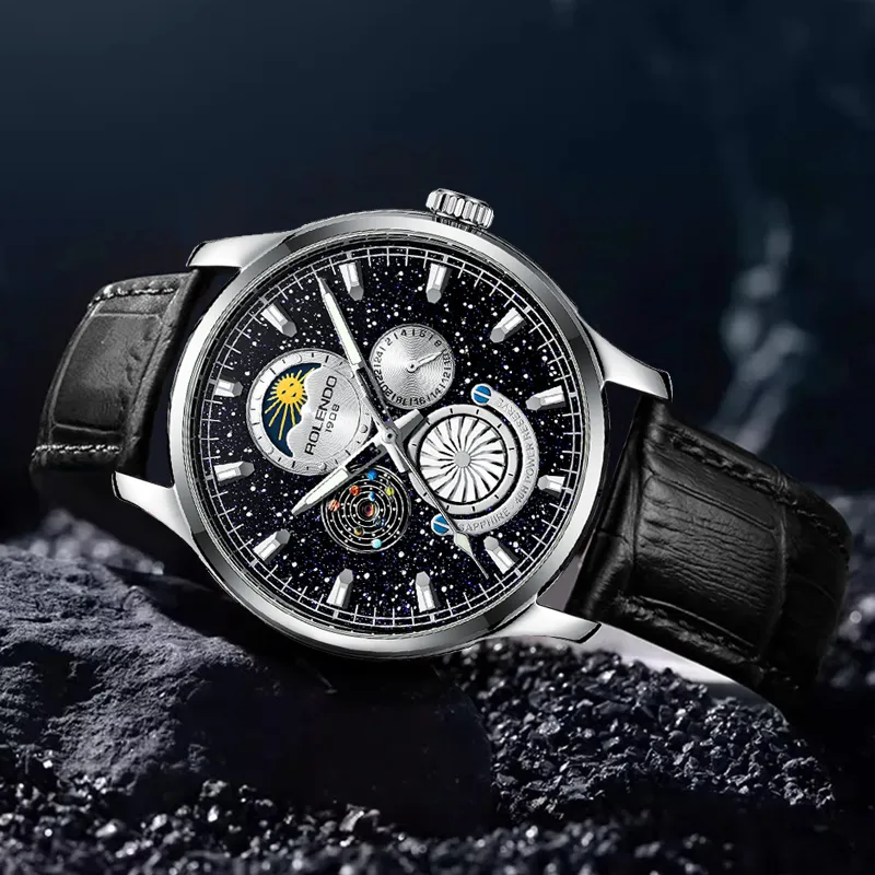 ROLENDO R Automatic Mechanical Movement Cow Leather Strap Watch Men's Watches Black Dial-7