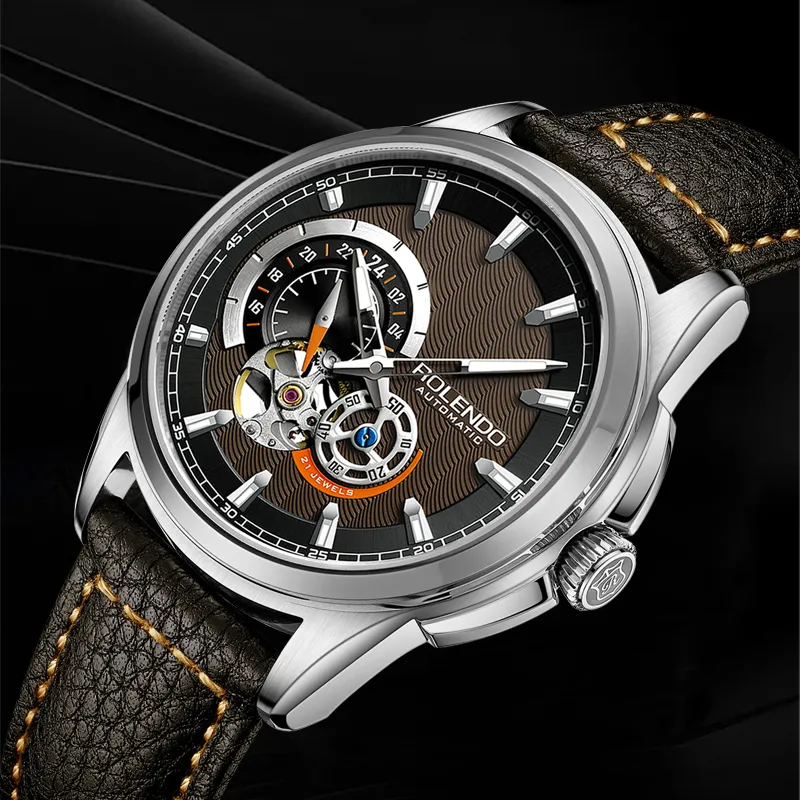 ROLENDO R Automatic Mechanical Movement Cowhide Strap Watch Men's Watches Coffee Watch Dial-4